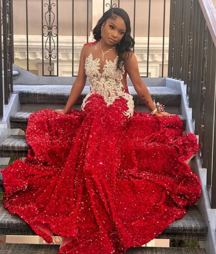 Luxury Red Evening Dress With Crystal Mermaid Sequin Black Girls Prom Dress Plus Size Illusion Formal Birthday Party Ceremony Event Occasion 2025