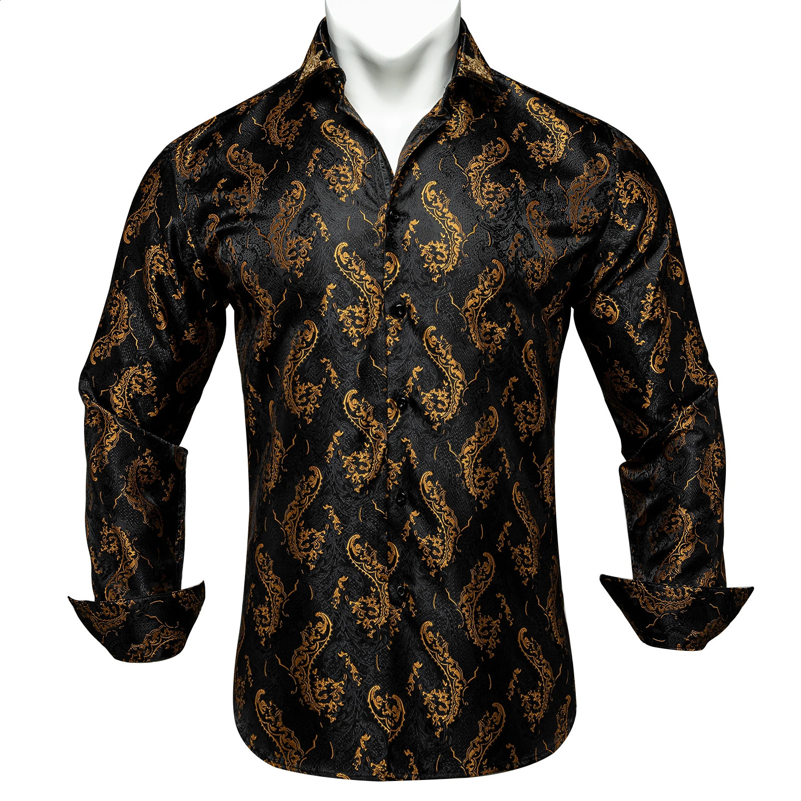 Mens Business Dress Shirts Black Gold Long Sleeve Formal Button-Down Collar Social Slim Fit Shirt Spring Man Casual Blouse 250214