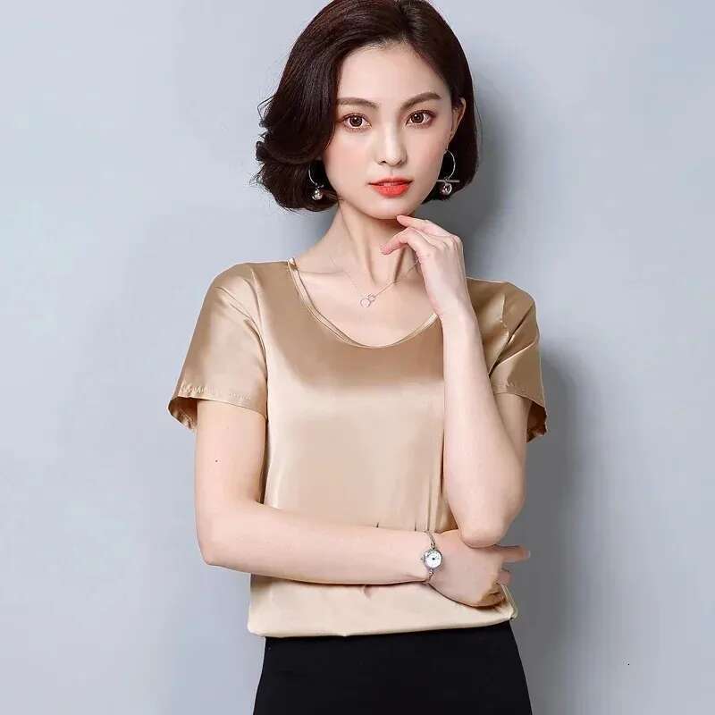 Womens Tops And Blouses 2024 Casual Silk O-Neck Office Lady Clothes Summer Satin Short Sleeve Solid Color Shirt Blusas 2126 50