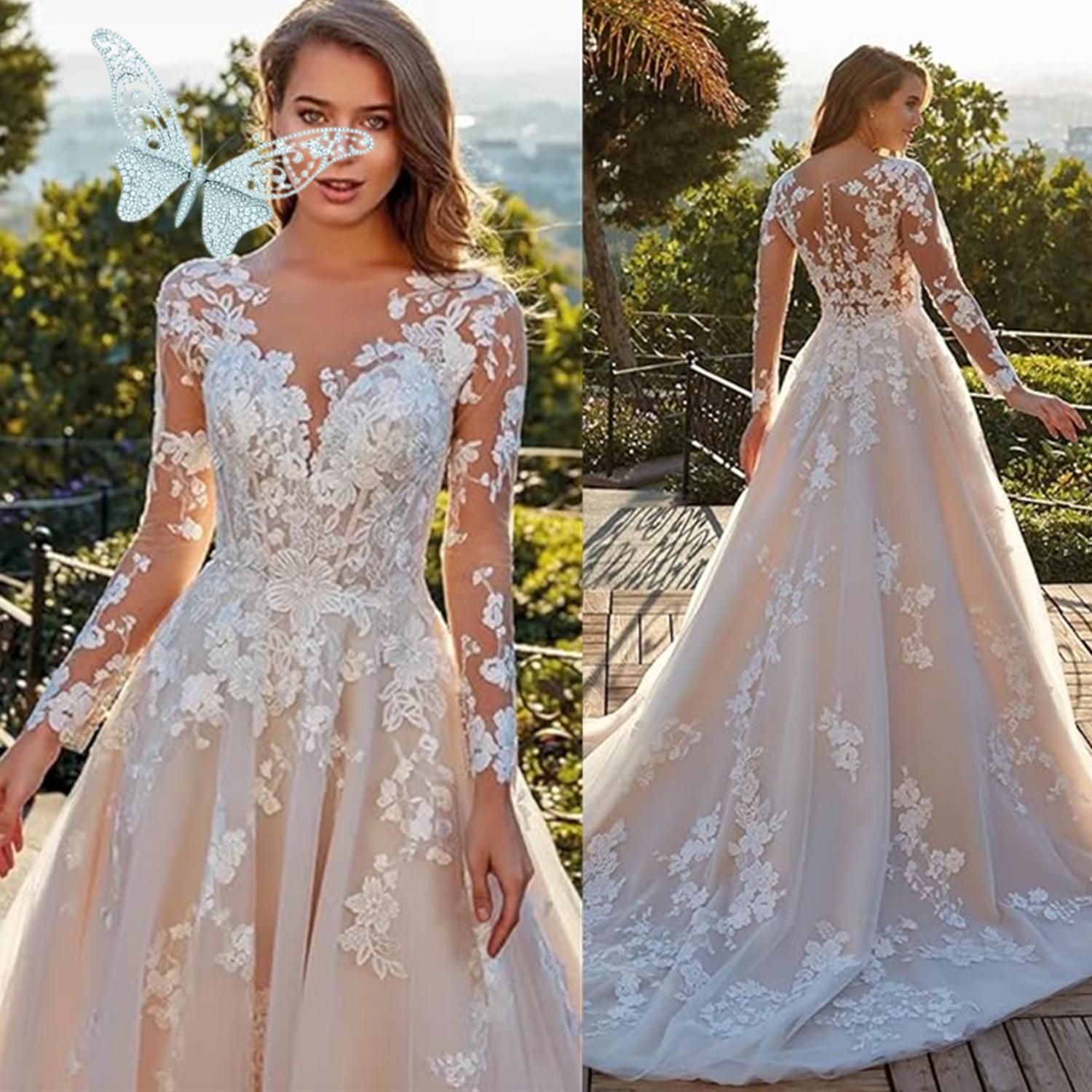 Off The Shoulder Sleeves Lace Wedding Dress Women Illusion Back Appliques Scoop A-Line Bridal Gowns Vestidos Plus Size 01