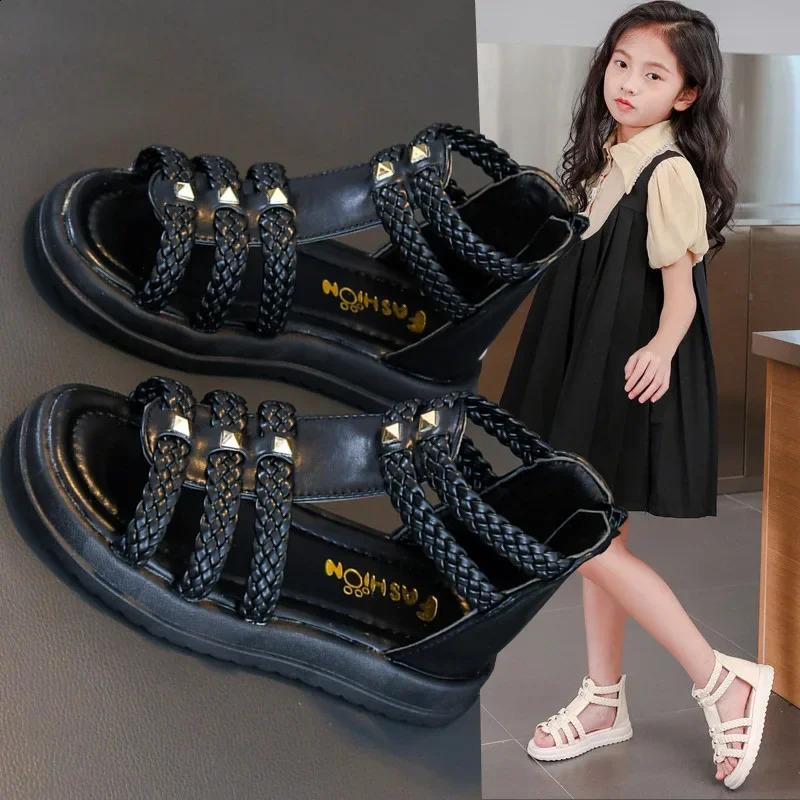 Girls Roman Sandals Open Toe Braided Solid Color High-top Simple Rivets Summer Hollow Flat Casual Shoes Kids Fashion Casual 250218