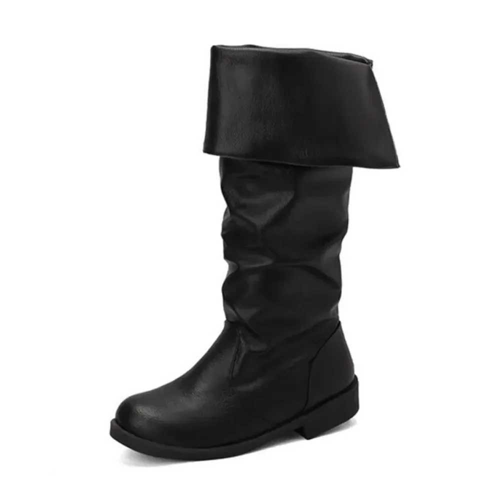 Mens medieval womens knee high boots mens flat shoes denim synthetic leather black brown role-playing boots Z250218