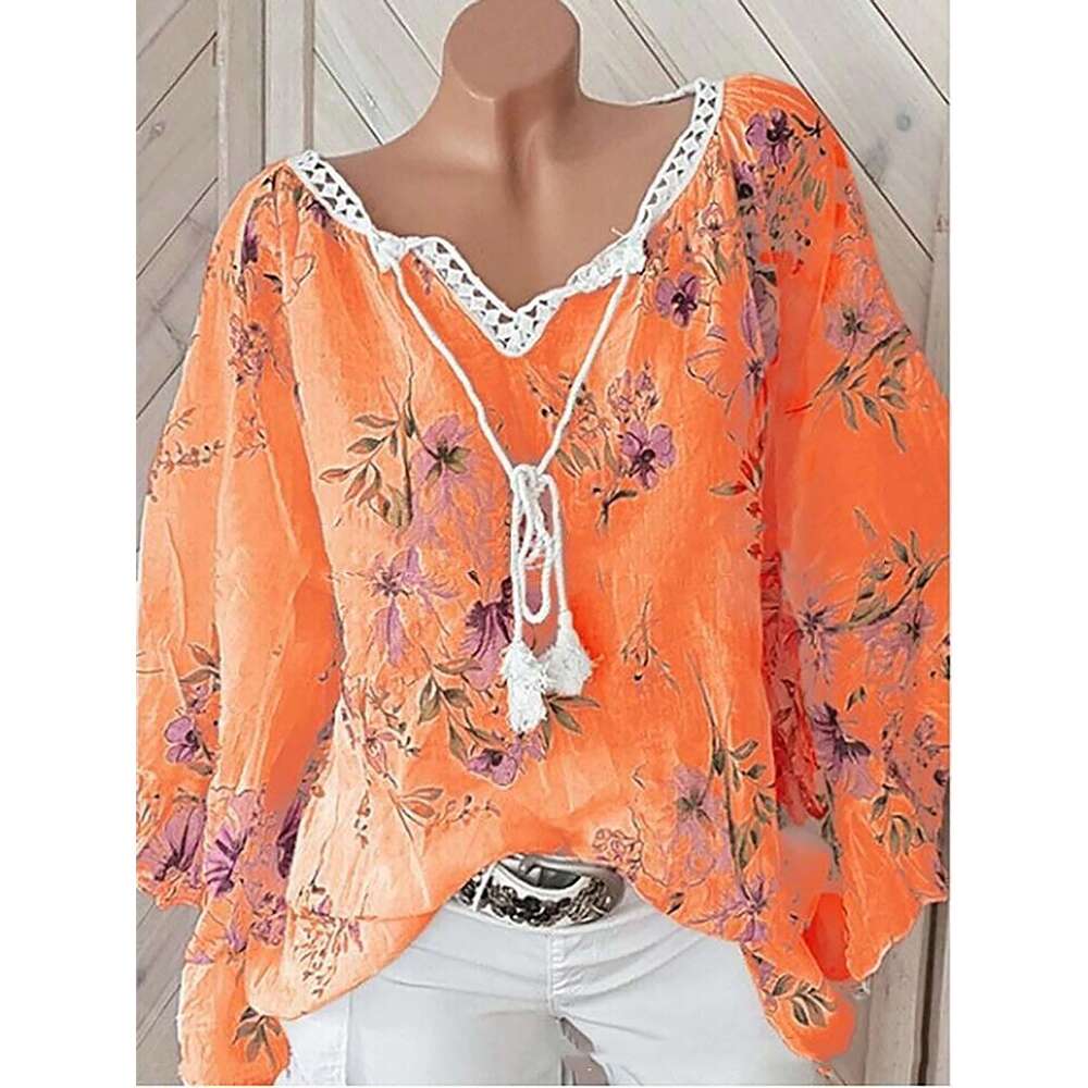 2024 Europe The United States Spring And Summer New Women's Top V-Neck Splicing Print Large Size Long-Sleeved Shirt Women