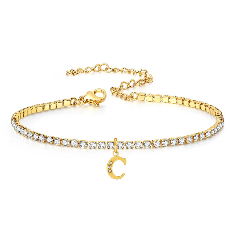 Drop Classic AZ CZ Zircon 26 Initial Pendant Charm Bracelet Women 2MM Tennis Chain Stainless Steel Wedding Jewelry 250213