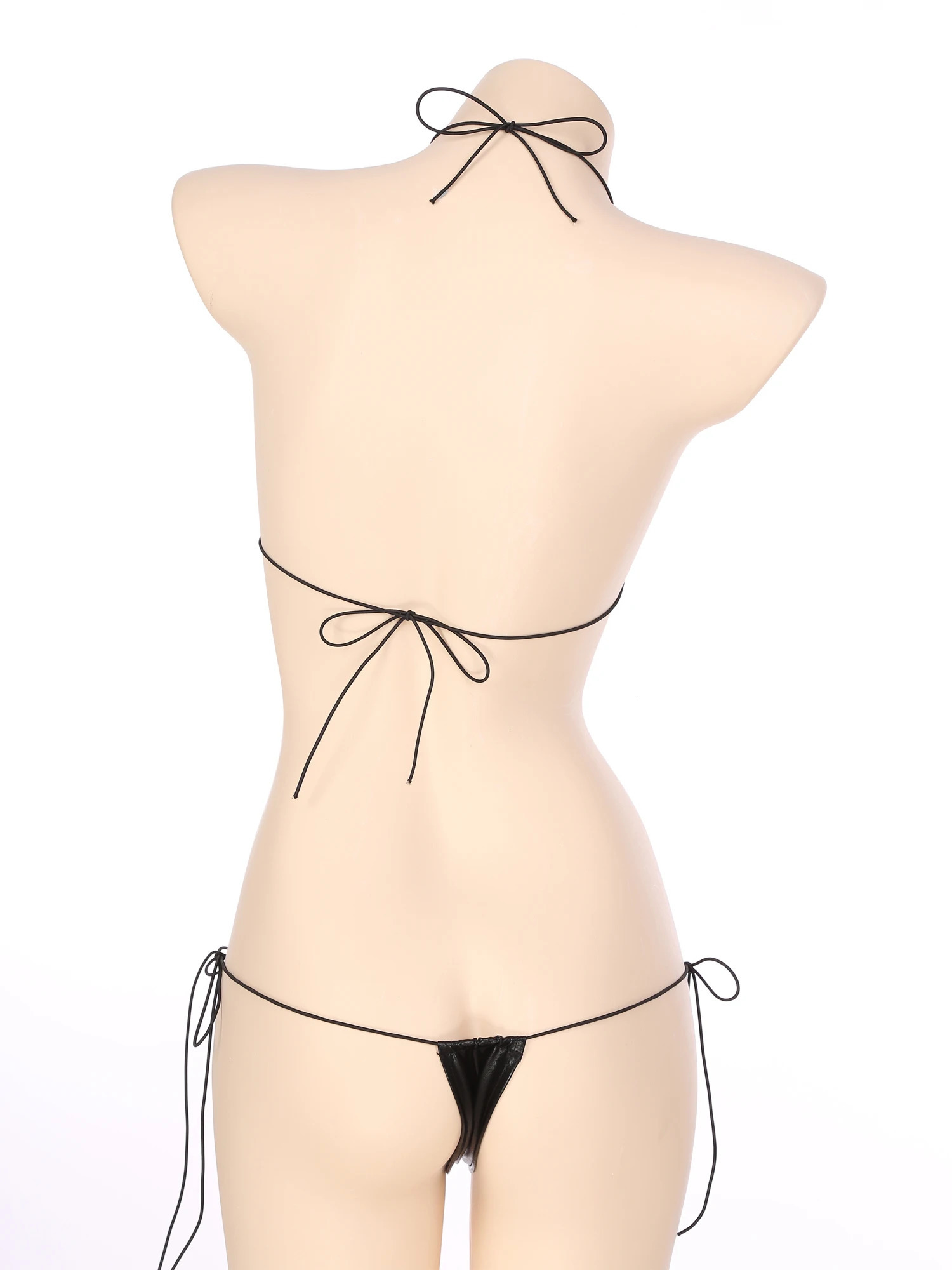 Womens Micro Bikini Set Wet Appearance Patent Leather Two Piece Underwear Strap Bra 250219