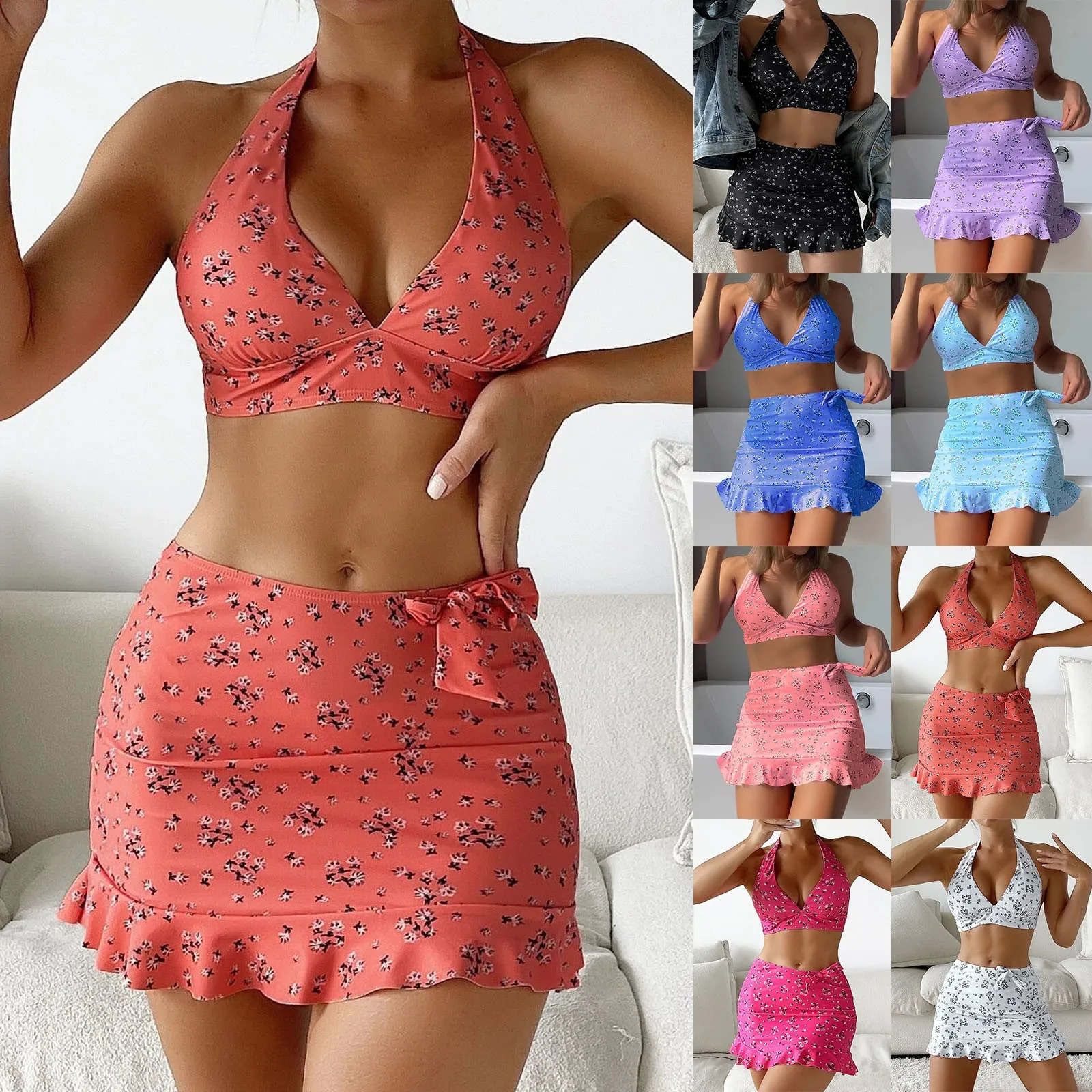 Women Halter Deep Bikinis Set Printed Three Piece Beach Wear Dress Sexy Ruffled Wrap Buttocks Swimwears Swimsuit 250219