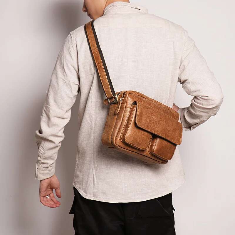 Retro Top Layer Cowhide Male Horizontal Crossbody Men's Real Leather Casual Shoulder Bag 7.9 "Ipad