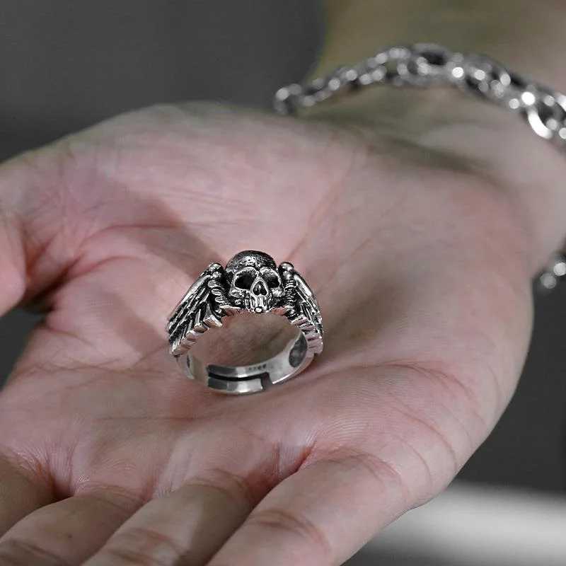 Ring Unisex Retro Vintage Hip-hop Personality Wings Skull Head Opening Ring WholesaleXJ250219