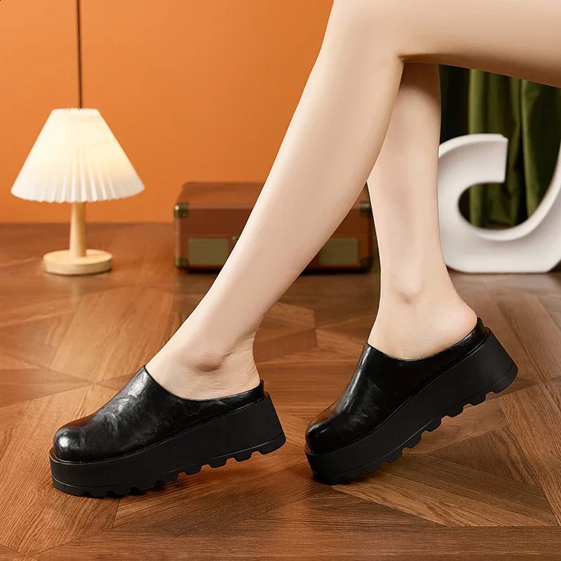 Autuspin 7cm High Heel Mule Womens Shoes Spring/Summer Fashion Thick Bottom Womens Slide Round Insole Womens 250213