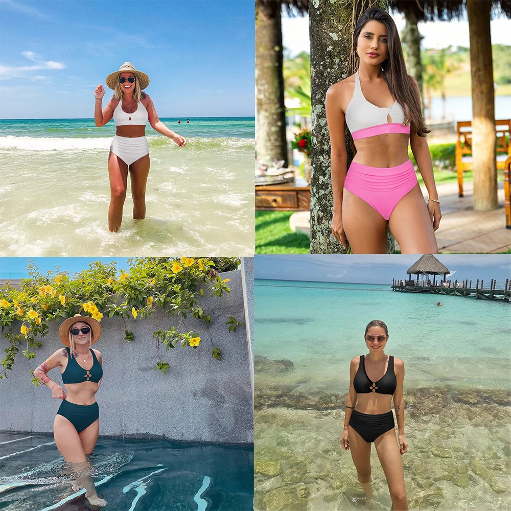 High Waist Bikini Set for Women 2024 Summer Two Pieces Solid Color Hollow Out Sexy Swimsuit Beach Bathing Suit Swimwear 250219