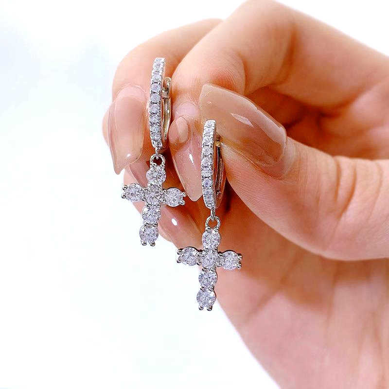 Luster Jewelry Holy Blessing 925 Silver D Color Round Moissanite Cross Pendant Earring for Women