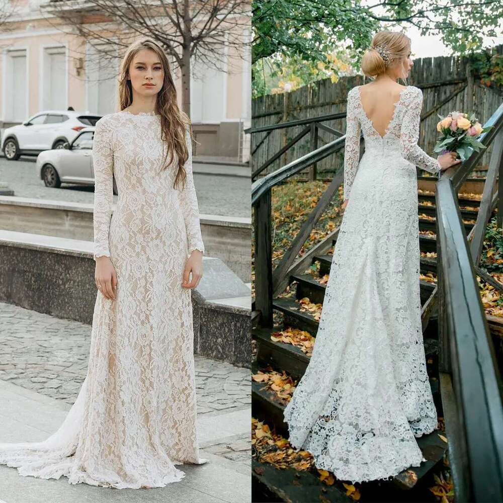 Vintage A E Wedding Dresses Long Sleeve High Neck Backless Appliques Lace Sweep Train Vestido De Noiva Customized 6660311