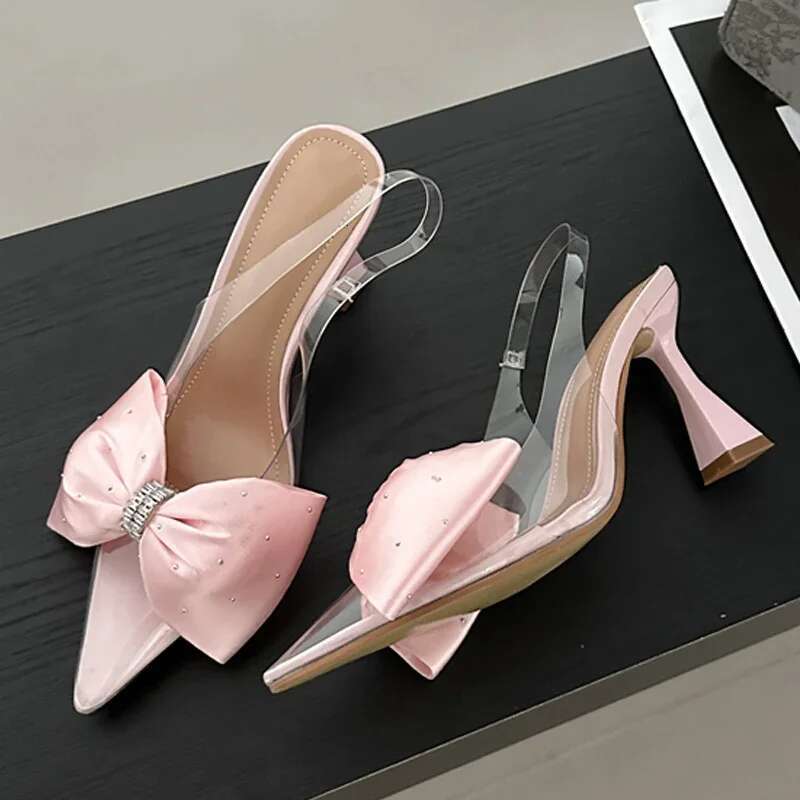 Fashion Butterfly-knot Pointed Toe Women Pumps PVC Transparent High Heels Sandals Wedding Banquet Female Mules Shoes