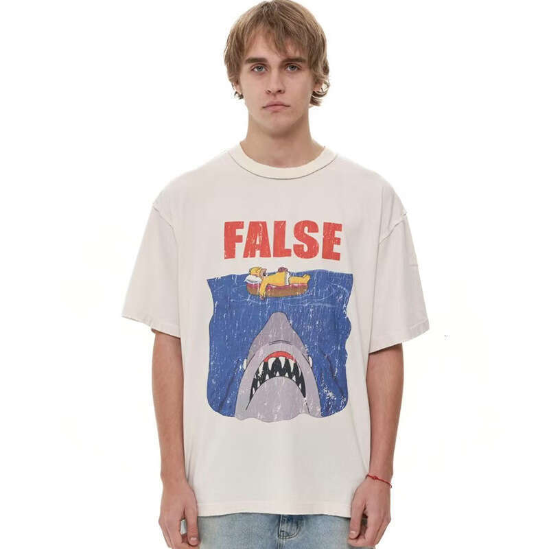Vintage high street niche trendy brand cartoon Simpson shark wash water crack print summer short sleeved T-shirt for men