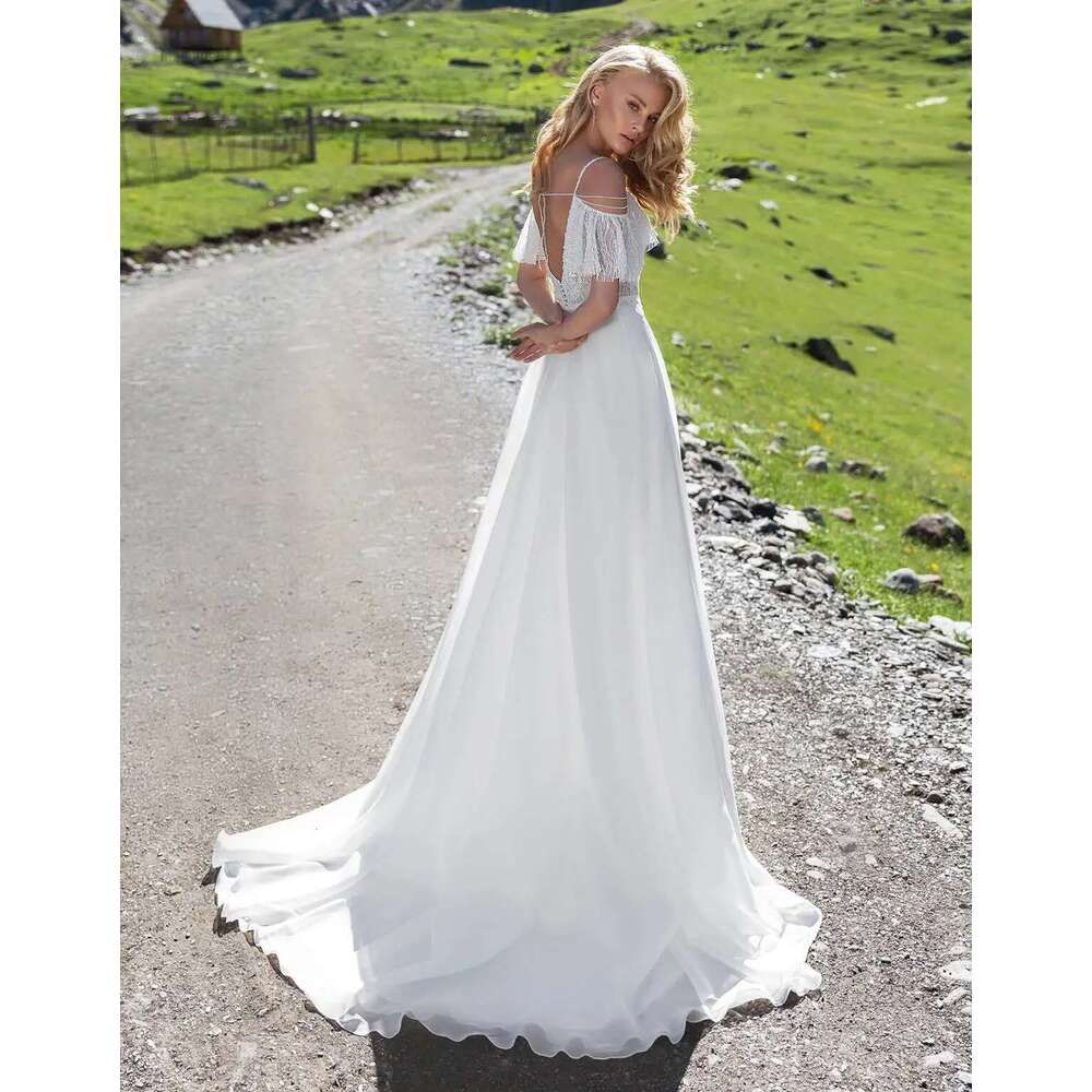 Backless A E Wedding Dresses Beading Lace Spaghetti Strap Side Slit Bridal Gown Sweep Train Vestido De Noiva Customized 6660311