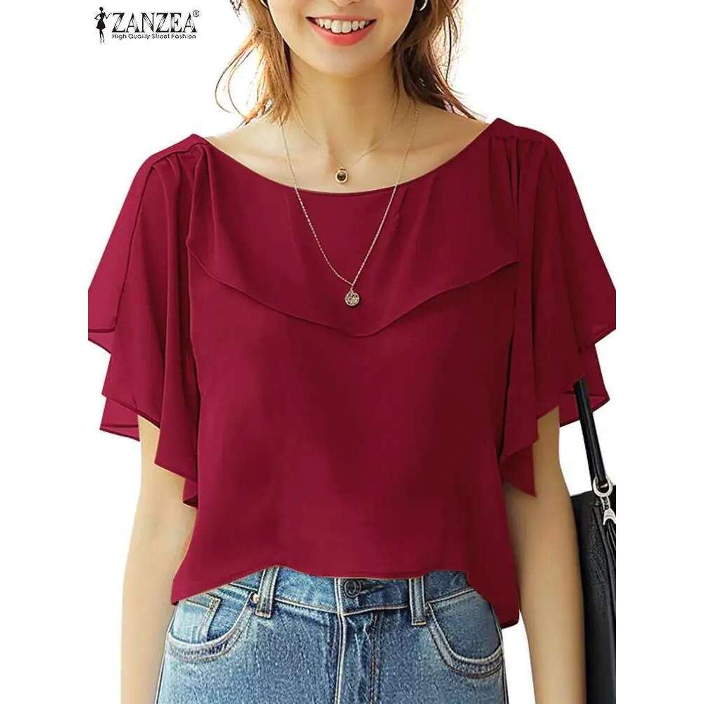 ZANZEA Women Chiffon Blouse Elegant Short Sleeve Shirt 2024 Summer Korean Fashion Solid Tops Tunic Casual Loose Ruffle Hem Blusa
