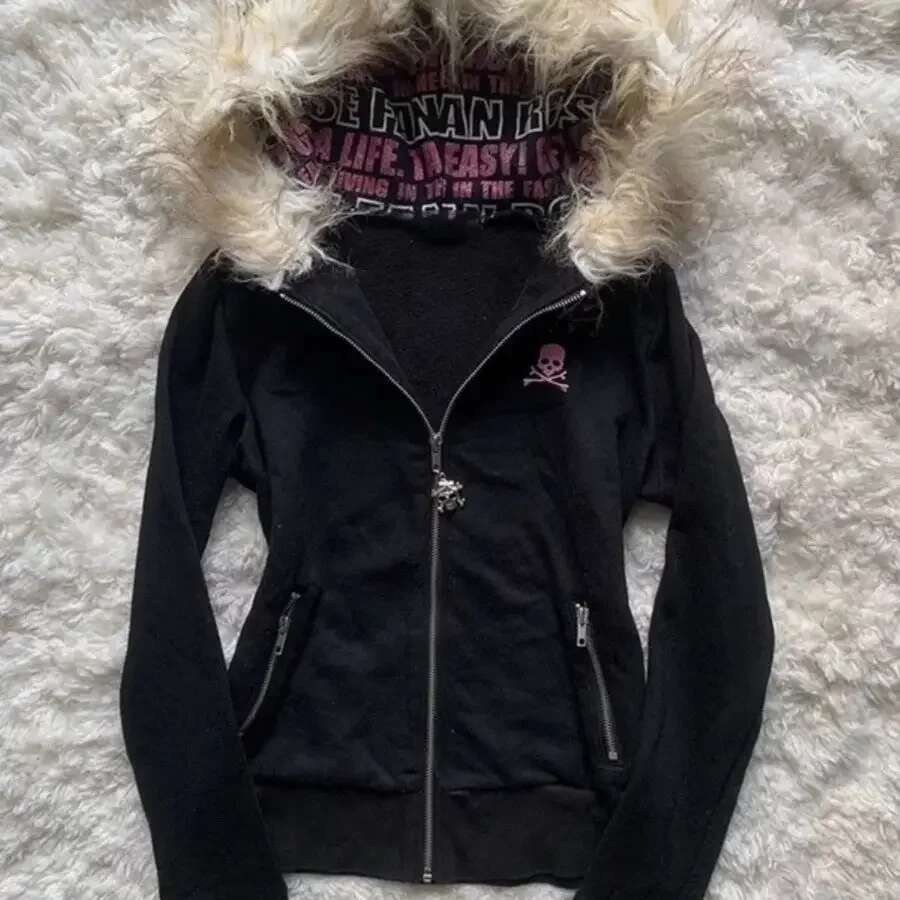 Y2K Black Fur Collar Zipper Hoodie Sexy Women Sweatshirt Haruku Goth Letter Graphic Print Slim Coat Winter Clothes