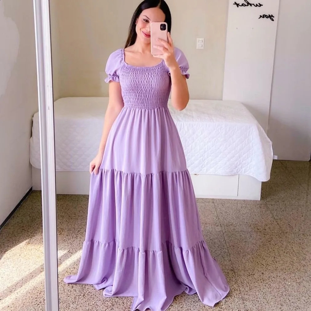 Spring Summer Women Closing Solid Color Square Collar Short Sleeve Long Dress Vestidos Largos vestidos verano moda 250218