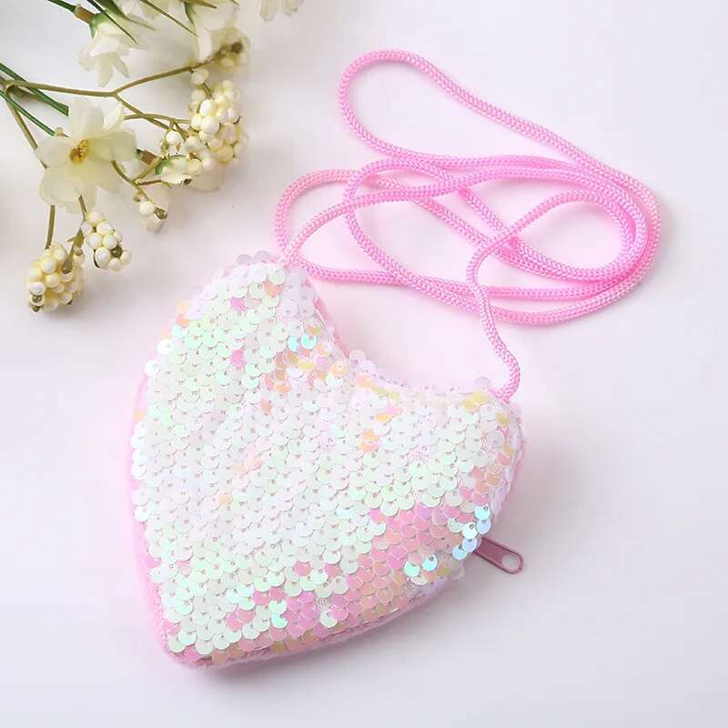 Ddmyshoesvip Princess Sequins Heart Shape Baby Bag Cute Solid Color Kid Coin Purse For Toddler Girl Shiny Children Shoulder Handbags