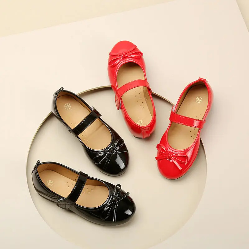 Kids Shoes Childrens Bowknot Princess Shoes Girls Flat Leather Shoes black red Spring Autumn For 3 4 5 6 7 8 9-15T 250219