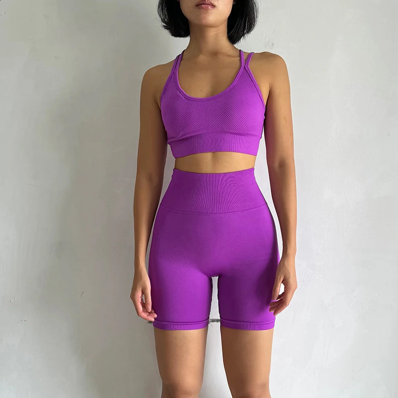 2PCS Seamless Yoga Set for Women High-Waist Butt Lifting Sportswear Workout Gym Fitness Tight Short And Sport Bra Suit 250219