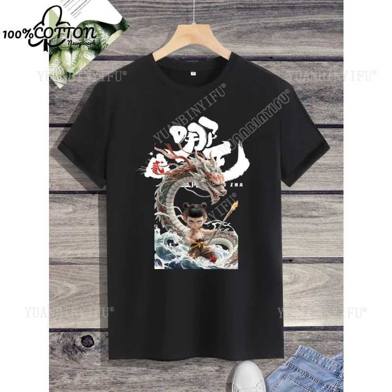 Street Fashion Animation Nezha Devil Child Nao Sea Short sleeved T-shirt Cotton Neutral Summer Cartoon Loose Solid Color S-5XL M250219