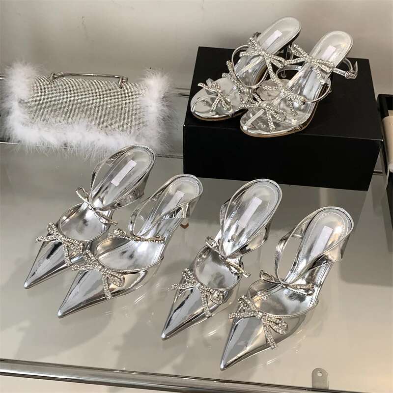 Sexy Design Crystal Butterfly-knot Pointed Toe Women Pumps Mule Shoes Fashion Buckle Strap High Heels Autumn Sandals
