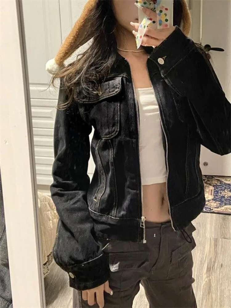 2025 Zipper Jeans Solid Coats Streetwear Fashion All Match Ins Chaquetas Mujer Women Turn Down Collar Punk Vintage Denim Jackets