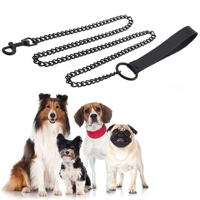 Leather Handle Chain Dog Durable Metal Chew Proof Dog Training Leash 115cm Heavy Duty Anti-bite Dog Giant Chain Leash withXJ250218