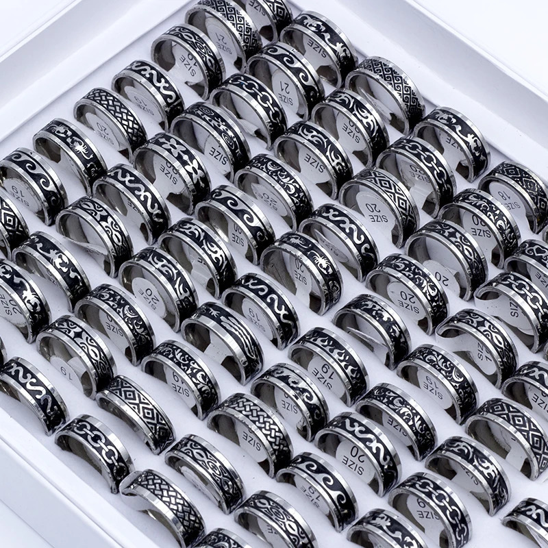 24 Pieces/lot Vintage Retro Style Stainless Steel Rings For Men and Women Fashion Carved Ring WholeSale 250218