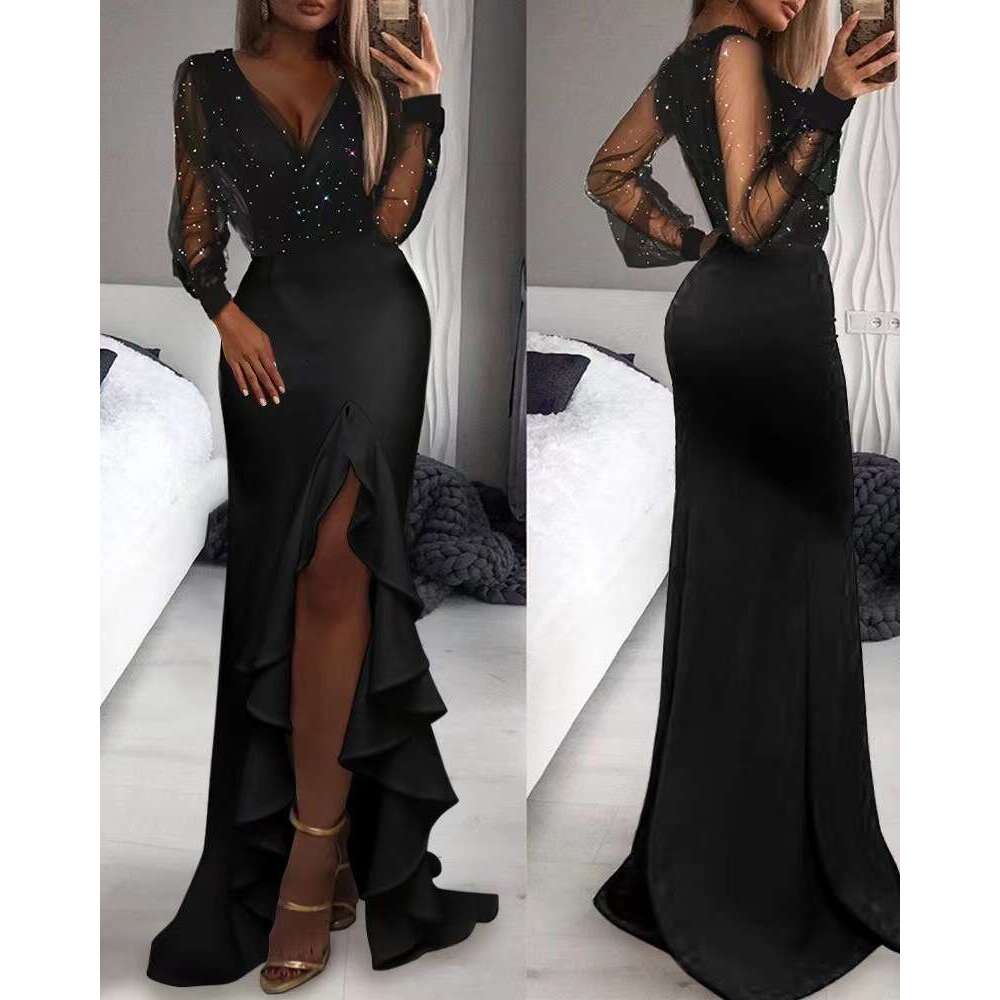 hip hing mid waist cinched black artistic mesh sequin commuting long skirt dress 2025 temperament versatile new trendy clothing ins