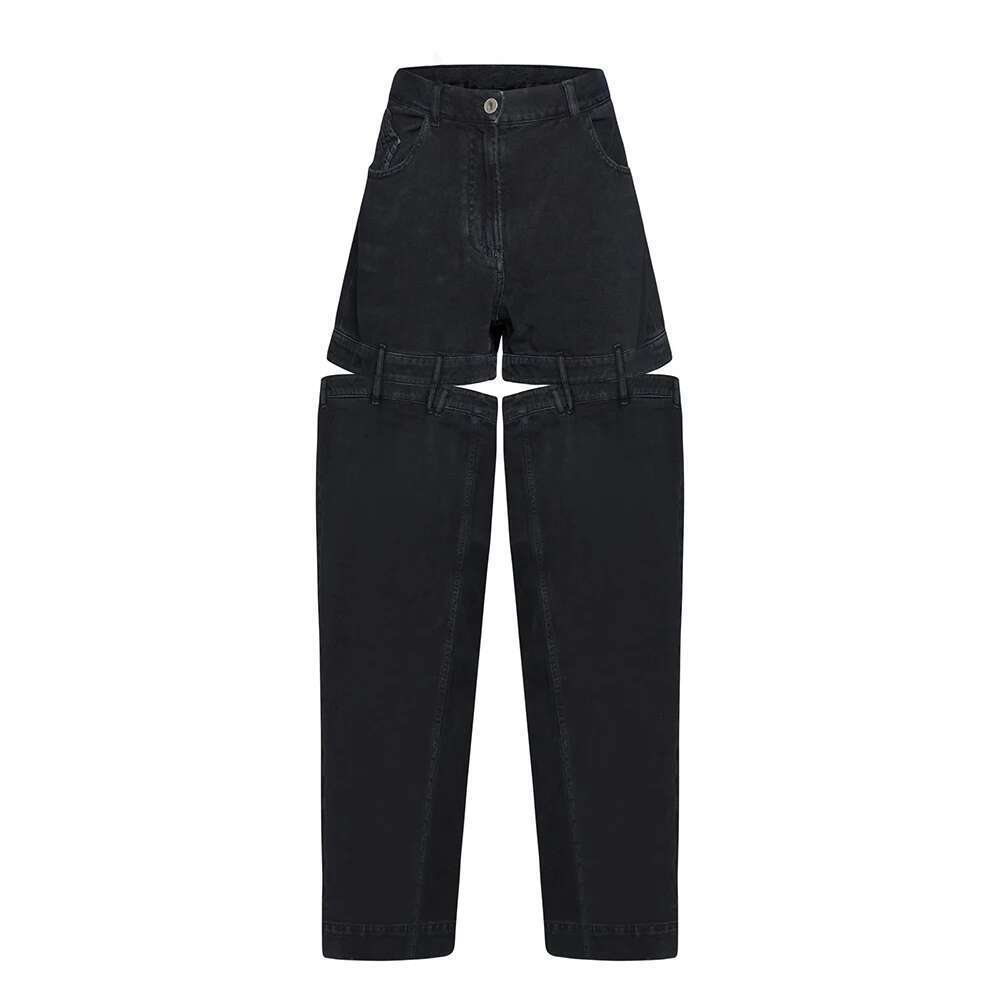 Solid Hollow Out Spliced Pockets Jeans For Women High Waist Patchwork Button Minimalist Loose Wide Leg Pants Female Style