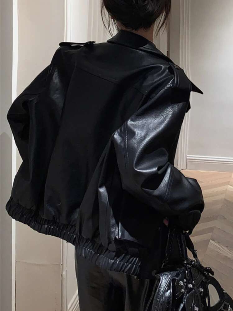 Punk Streetwear Black Women Winter Casual Moto Biker Zipper Leather Jacket Fashion Trench High Street Faux Coat