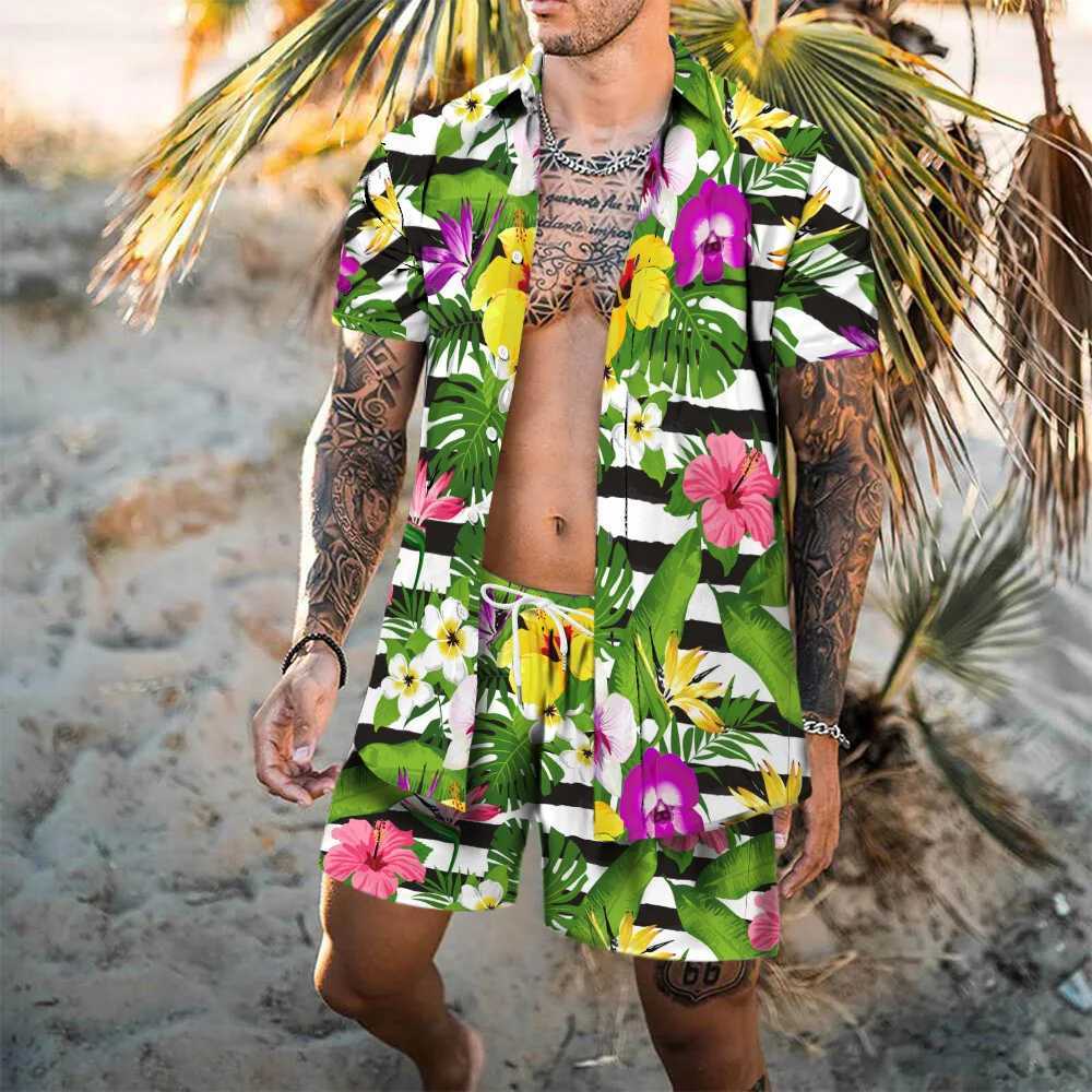 Beach printed Hawaii Set Mens 2Pcs Shirt 3D Print Loose Leisure short sleeve Beach Shorts Shirt Holiday Fashion Two piece SetXJ250218