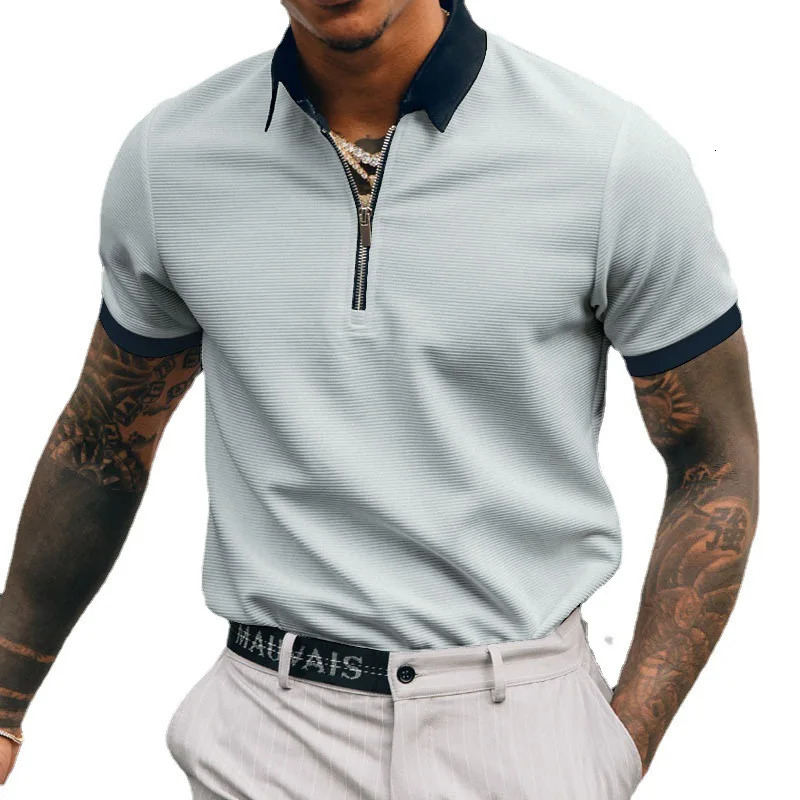 Summer Solid Color Casual Gentlemen Polo Shirt Short Sleeve Loose Business Tshirts Man Zipper All Match Top Male Fashion Clothes 250219