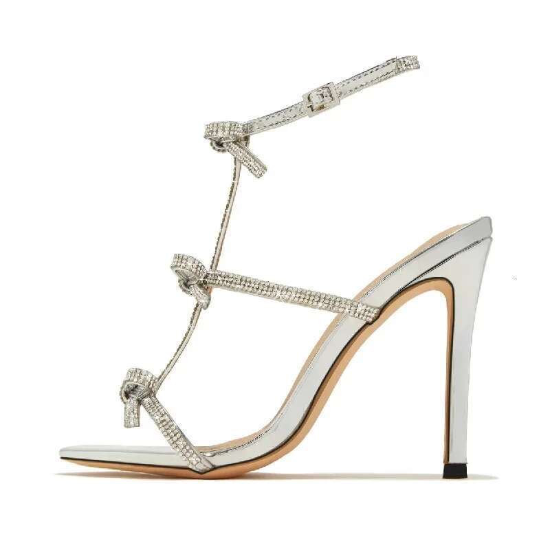 Design CRYSTAL Bowknot Narrow Band Women Sandals Fashion Buckle Strap Pumps Peep Toe Thin High Heels Shoes
