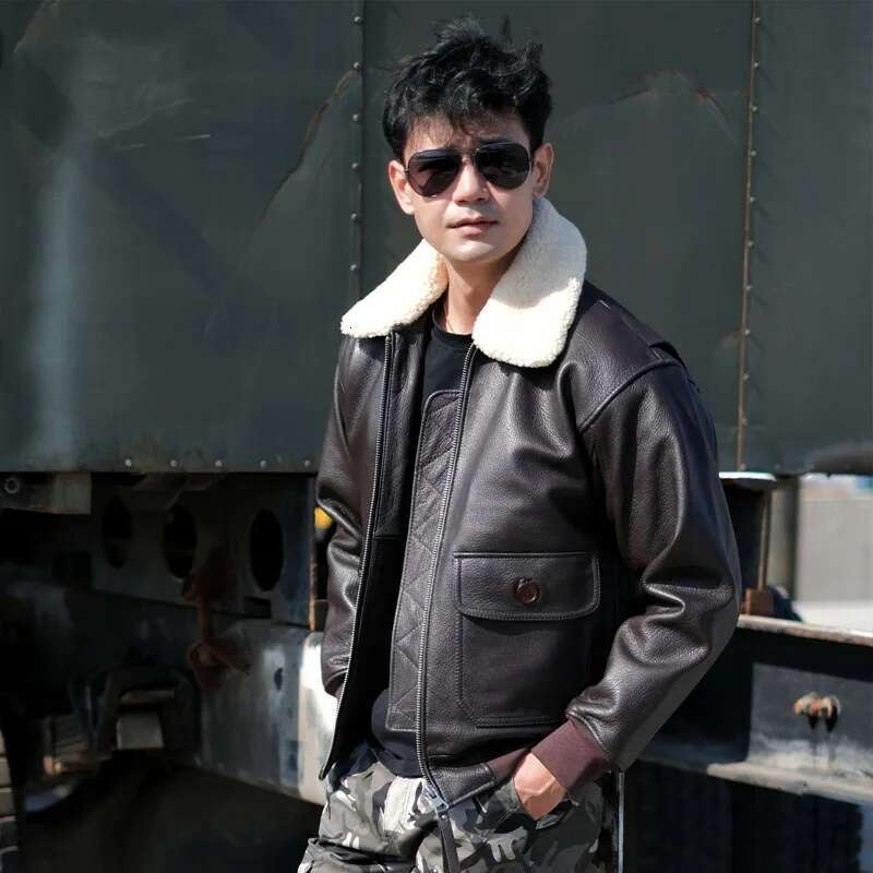 Dark Brown Winter Pilot Jacket Men Military Style Europe Size Genuine Natural Thick Cowhide G1 Flight Leather Coat