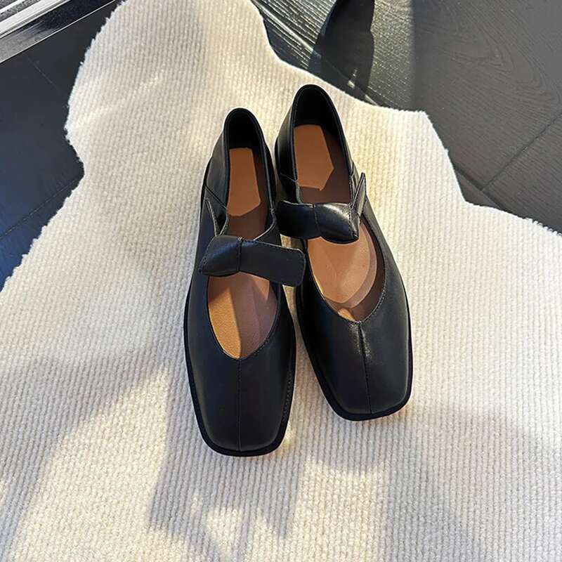 Genuine leather square toe women mary janes bowknot flats