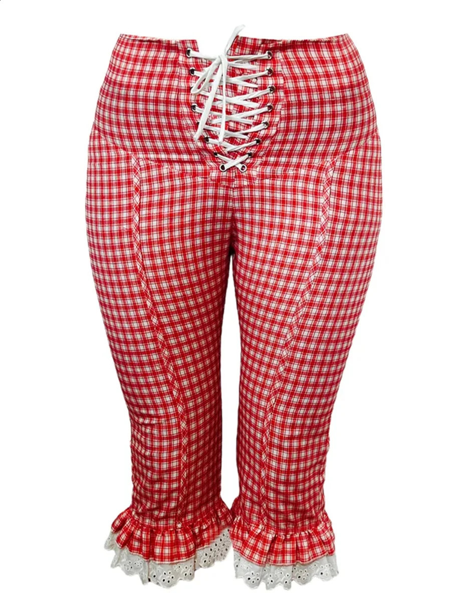 Women Pants Lace Ruffles Front Cross Tie-Up Summer Casual Cropped Pants Stretch Crop Leggings 250218