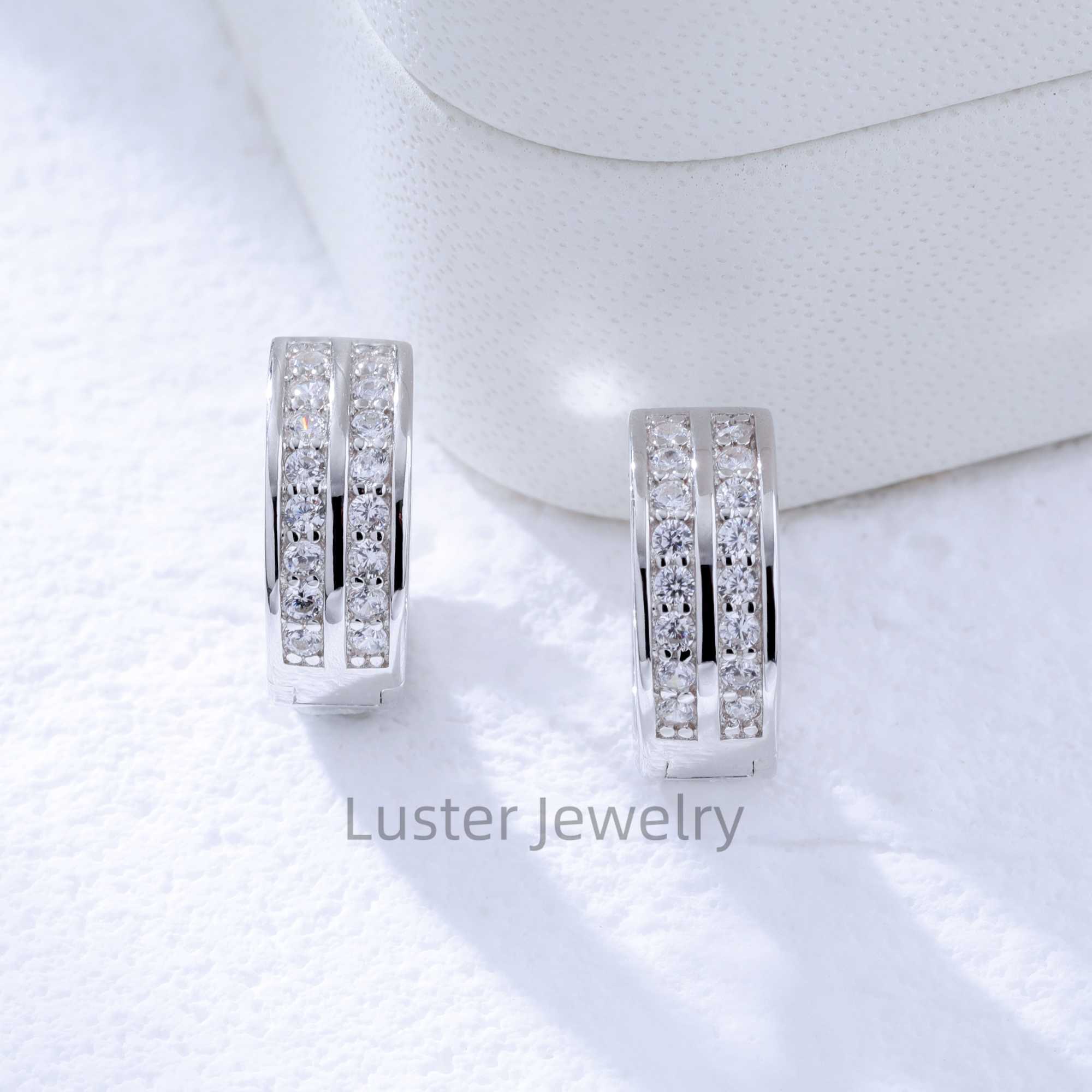 Luster Classic Daily Wear Small Round Brilliant Cut Moissanite 925 Sterling Silver Double Row Moissanite Huggies Earrings