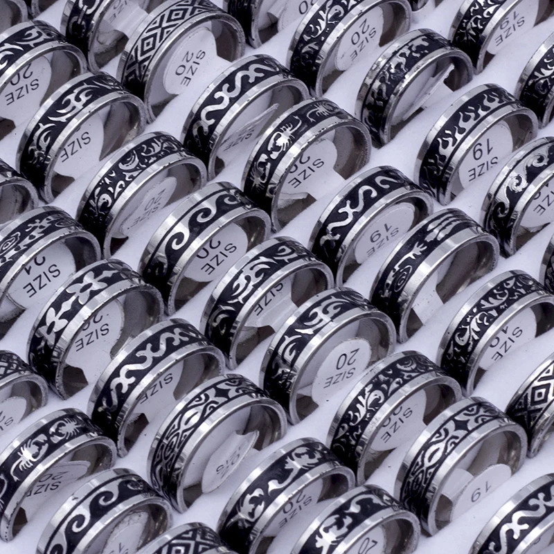24 Pieces/lot Vintage Retro Style Stainless Steel Rings For Men and Women Fashion Carved Ring WholeSale 250218