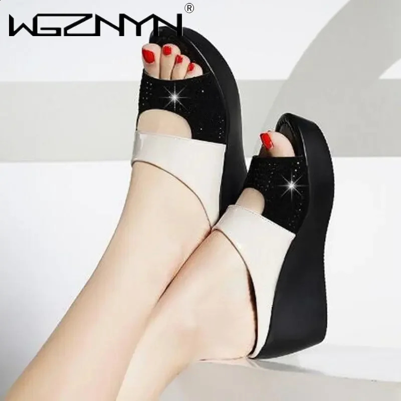 Womens Platform Slippers Wedge Summer Shoes Women Flip-Flops High Heels Loafers Casual Solid Color Party Bling Sandals 250213