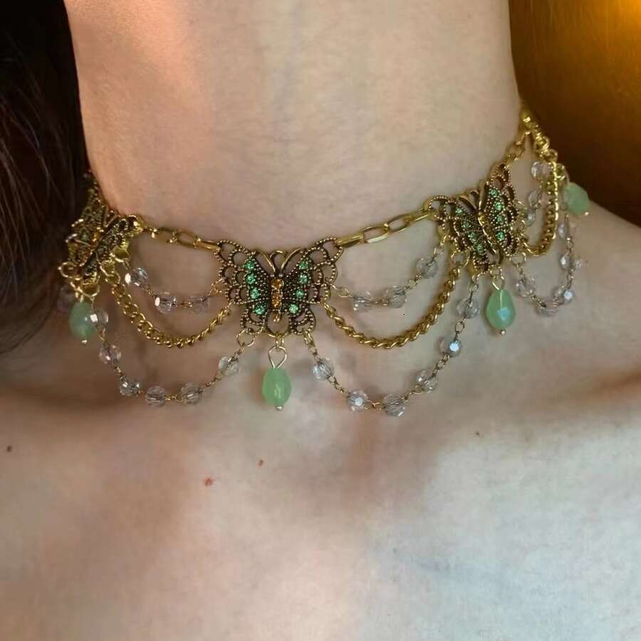 Heavy industry multi-layer tassel inlaid dia butterfly necklace for women, new Chinese style, niche, high-end texture, spicy girl, collarbone neck cha