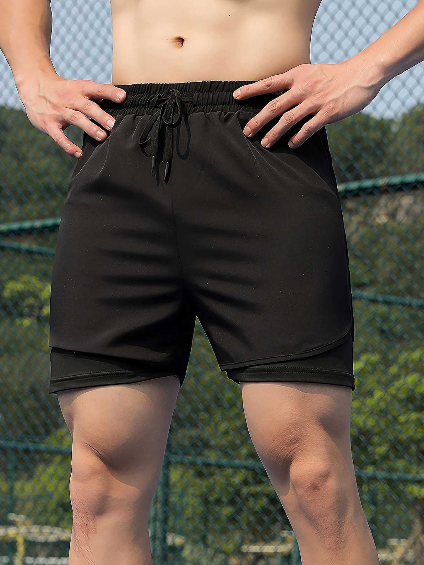 Mens Running Shorts Quick-drying Fitness Black Double Layer Shorts Men New Sport Workout Training Bodybuilding Short Pants W250219