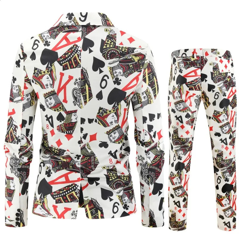 2pcs Playing Cards Poker Print Suits for Men Blazer Jacket Korean Fashion Party Prom Costume Sets Pants Mens Blazer Green Men 250214