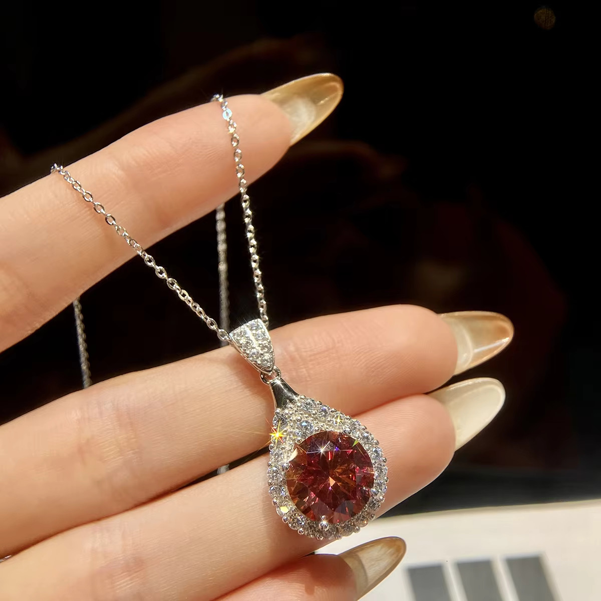 Fashion Moissanite Dia Jewelry 5ct Rose Red Water Drop Necklace Real Sier Chain for Women Engagement Wedding
