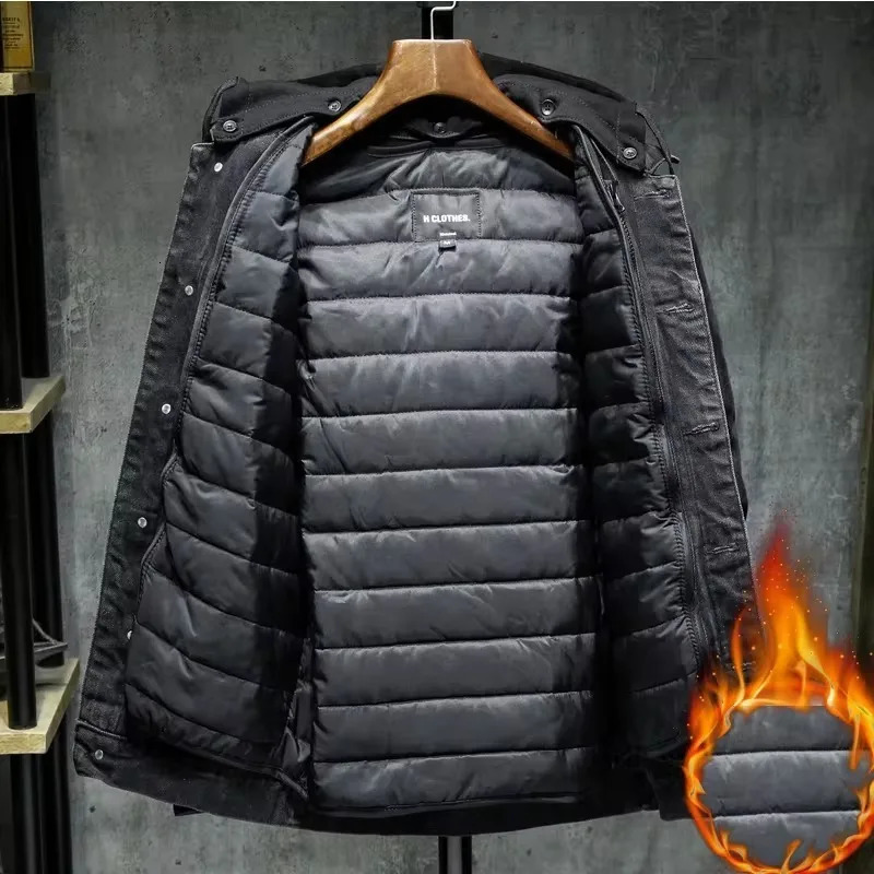 Winter Liner Thicker Warm Mens Black Hooded Denim Jacket Lining Plus Cotton Thick Outerwear Streetwear Cowboy Coat 250210