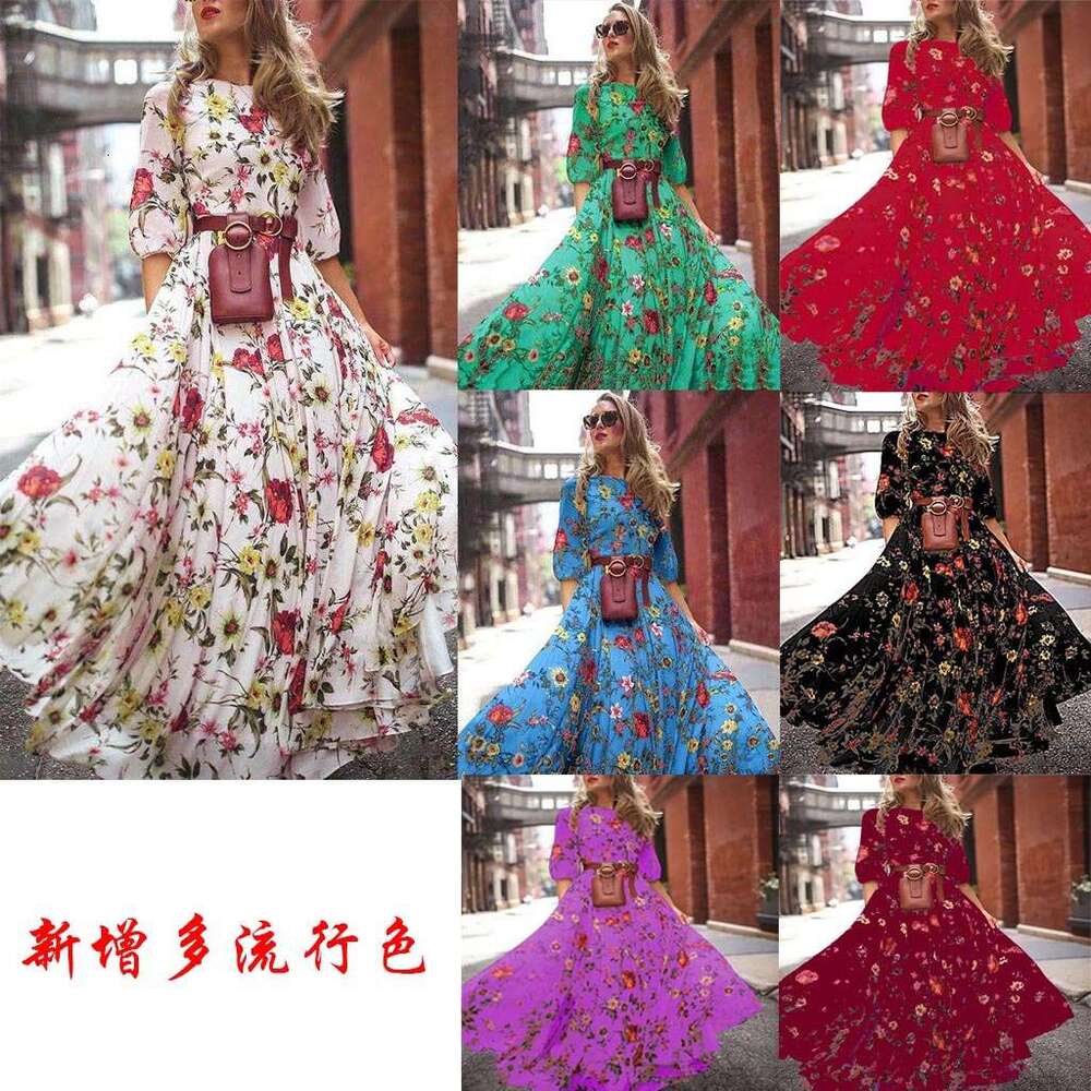 European and American women's chiffon printed long skirt Bohemian vacation style dress 2025 new casual versatile fashion clothing