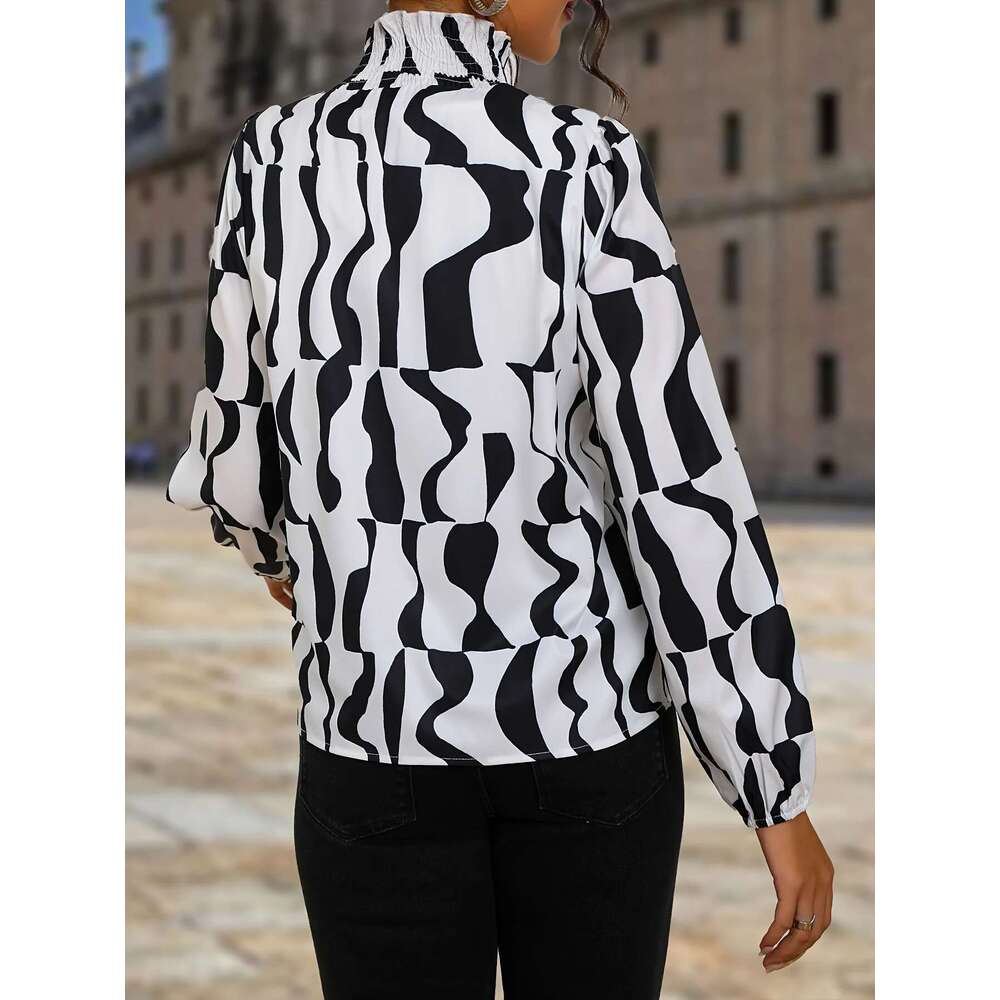 New Black Zebra Print Elegant Lantern Long Sleeve Shirt, Women's Wear