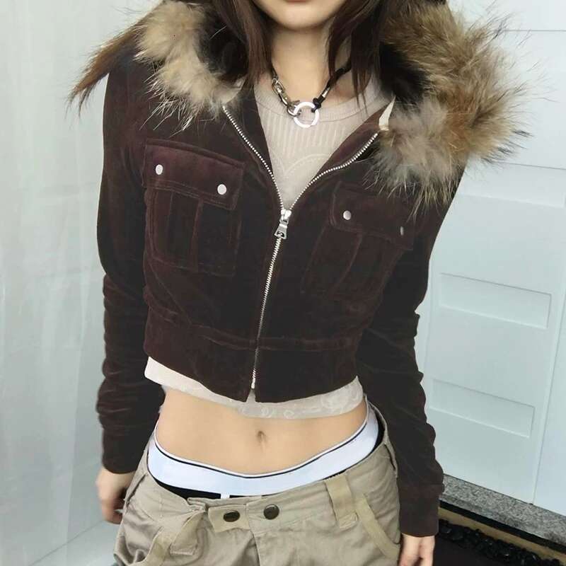 CIBBAR y2k Furry ing Hooded Hoodies Vintage 2000s Zip-up Cropped Jackets Women Casual Autumn Outwears Korean Fashion Coats